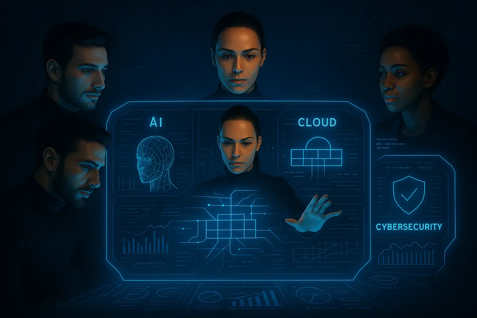 Infographic showing an on-demand digital transformation squad for a Zurich project, featuring specialists in AI, Cloud, Cybersecurity, and Agile frameworks.