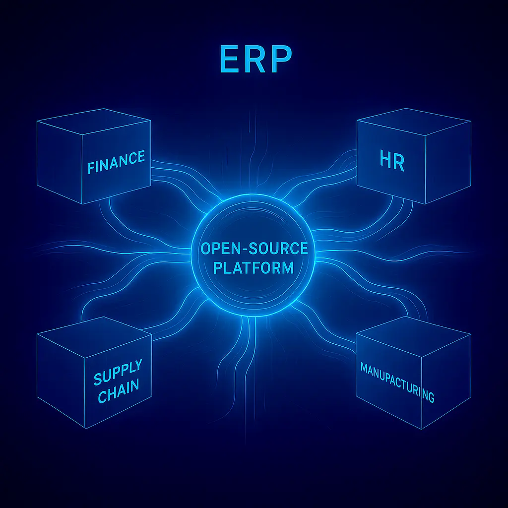 Visualization of the Techpulse open-architecture ERP framework, emphasizing modularity and data flow for Swiss SMEs.