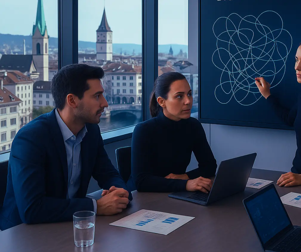Conceptual image representing frequently asked questions about digital transformation challenges for Swiss businesses.